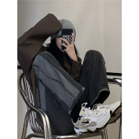 SUNTEK晚风晚晚 港味chic韩版拼接须边阔腿裤复古设计感潮显瘦牛仔长裤休闲裤