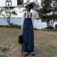 SUNTEK复古牛仔背带裤女宽松韩版高腰显瘦大码直筒阔腿长裤学生休闲裤子休闲裤