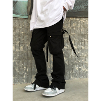 SUNTEK川川也 街头口袋高腰休闲裤男女春季vibe风绑带微喇叭高街长裤潮休闲裤
