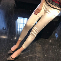 SUNTEK吕陈休闲裤女缎面弹力修身九分裤白色小脚裤秋冬新款铅笔黑色休闲裤