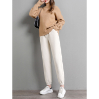 SUNTEK米白色裤子女春秋运动裤女灯芯绒条绒裤外穿雪尼尔束脚奶奶萝卜裤休闲裤