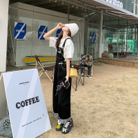 SUNTEK网红黑色牛仔背带裤女潮春秋2020年新款韩版宽松显瘦休闲直筒裤子休闲裤