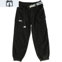 SUNTEK高中学生牛仔工装裤少女显瘦高腰束脚宽松初中生春秋潮休闲长裤子休闲裤