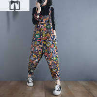 SUNTEK印花牛仔背带裤女秋季新款大码胖mm高腰显瘦百搭减龄宽松连体长裤休闲裤