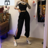 SUNTEKKLIOU 运动裤女宽松束脚裤侧开衩设计感镂空显瘦嘻哈爵士休闲裤潮休闲裤