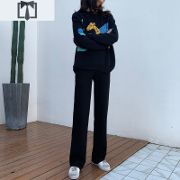 SUNTEK坠感阔腿裤女2018秋冬新款韩版学生拖地裤宽松显瘦针织休闲长裤子休闲裤