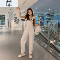 SUNTEK白色背带裤女2020年新款韩版时尚减龄宽松直筒学生黑色牛仔吊带裤休闲裤