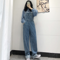 SUNTEK啊啦柏牛仔背带裤女韩版宽松春秋直筒减龄阔腿裤复古学生显瘦长裤休闲裤