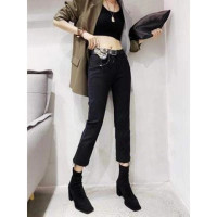 SUNTEK欧货深蓝色高腰直筒牛仔裤女宽松2021秋冬新款不规则变九分烟管裤牛仔裤