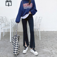 SUNTEK秋冬新款高腰黑色开叉牛仔裤女垂感微喇裤显瘦显高阔腿分叉喇叭裤牛仔裤