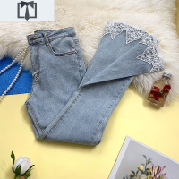 SUNTEK春夏微辣叭浅色高腰修身显瘦牛仔裤拼接蕾丝花边九分裤微喇叭裤女牛仔裤