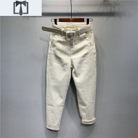 SUNTEK[春季单裤]韩版米白色小脚萝卜裤高腰休闲弹力九分牛仔裤哈伦裤牛仔裤