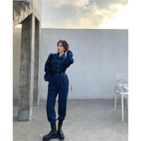 SUNTEK高腰牛仔裤女春季新款韩版连体裤帅气长裤宽松阔腿裤直筒背带裤子牛仔裤