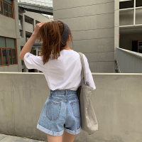 SUNTEK秋冬韩版卷边阔腿裤女高腰显瘦牛仔裤短裤女学生热裤宽松直筒裤潮牛仔裤