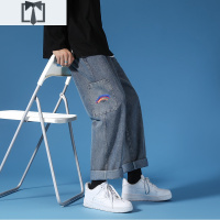 SUNTEK彩虹工装牛仔裤女宽松bf风直筒裤韩版学生显瘦洋气2020年新款秋冬牛仔裤