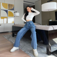 SUNTEKDQSTORE秋冬新款复古阔腿百搭泫雅显瘦收腰显高深色高腰牛仔裤女牛仔裤