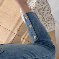 SUNTEK惊艳到了~重工款!腿部金扣装饰!牛仔裤女修身显瘦 直筒八九分裤牛仔裤