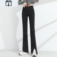 SUNTEK开叉牛仔裤黑色喇叭裤女宽松直筒开衩拖地裤高腰显瘦新款微喇裤子牛仔裤