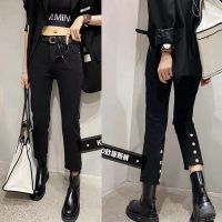 SUNTEK欧货黑色显瘦八分牛仔裤女春秋大码胖mm高腰排纽扣九分小个子靴裤牛仔裤
