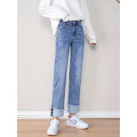 SUNTEK浅色牛仔裤女宽松高腰显瘦卷边休闲直筒修身九分烟管垂感阔腿裤子牛仔裤