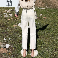 SUNTEK秋冬米白色牛仔裤女直筒宽松米色韩版chic学生百搭杏色高腰裤春季牛仔裤