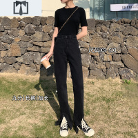 SUNTEK黑色前开叉牛仔裤女chic港味直筒高腰显瘦微喇叭开衩阔腿拖地裤子牛仔裤