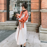 SUNTEK风衣2021新款中长款英伦赫本风气质大衣女流行过膝垂感撞色外套潮风衣