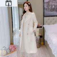 SUNTEK米白色英伦风中长款2021年春秋新款过膝垂感气质双排扣外套风衣女风衣