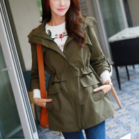 SUNTEK短款风衣女2021春秋流行新款大码军绿色连帽百搭休闲小个子外套风衣