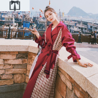 SUNTEK黑色英伦风衣女中长款过膝2020年秋装新款韩版宽松赫本港风大衣潮风衣