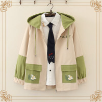 SUNTEK日系森女小清新牛油果印花连帽外套开衫女春秋宽松学生风衣夹克衫风衣