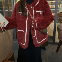SUNTEK乌77新年战袍红色羔绒外套女宽松精致纽扣金丝编织一体开衫外套短外套