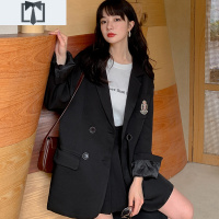 SUNTEK网红黑色西装外套女春秋韩版宽松休闲小个子西服百褶裙套装jk制服外套短外套