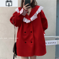 SUNTEK大码女装秋冬新款复古蕾丝拼接红色毛呢子连衣裙胖mm中长大衣外套外套短外套