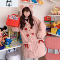 SUNTEK秋冬加厚中长款大衣风衣日系女学生可爱熊耳朵连帽羔毛毛呢外套风衣
