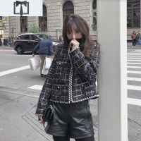 SUNTEK御姐风格子短外套新款春季冬女装韩版宽松名媛黑金复古港味粗花呢外套短外套