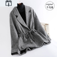 SUNTEK女装新款秋冬毛咖啡色人字纹韩版宽松千鸟格毛呢短外套外套短外套