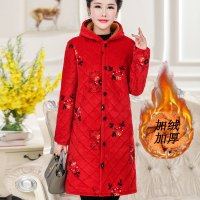 SUNTEK中老年女装秋冬季妈妈装加绒罩衣大码连帽加长款风衣防尘保暖外套风衣