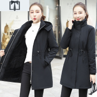 SUNTEK女装中长款加绒开衫连帽卫衣冬季大码外套胖妹妹黑色大衣加厚风衣风衣