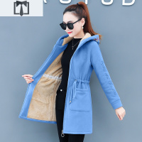 SUNTEK冬季加绒加厚羔毛中长款外套女士2020秋冬新款收腰显瘦连帽风衣风衣