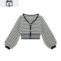 SUNTEK春装日系复古外穿宽松v领短款毛衣外套女仙气慵懒风条纹针织开衫毛衣