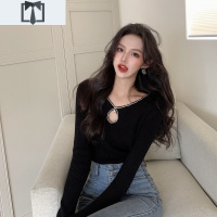 SUNTEK针织打底衫女秋冬洋气皮草百内搭设计感低领珍珠亮晶晶蓝色上毛衣毛衣