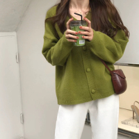 SUNTEK春秋绿色软糯毛衣针织开衫宽松慵懒外套女牛油果绿温柔风V领上衣毛衣