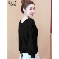 SUNTEK套头毛衣女外穿春秋宽松慵懒风后背打结针织打底衫小个子短款上衣毛衣