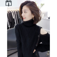 SUNTEK欧洲站黑色露肩针织连衣裙女2020秋冬新款欧货中长款打底毛衣裙子毛衣