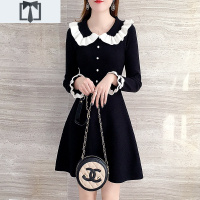 SUNTEK黑色娃娃领针织连衣裙女春秋收腰显瘦中长款毛衣裙甜美超仙打底裙毛衣