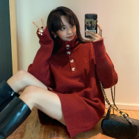 SUNTEK圣诞新年酒红色高领毛衣女冬加厚宽松外穿慵懒中长款2020新款洋气毛衣