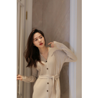 SUNTEK针织连衣裙女法式收腰系带长袖过膝开衫秋冬V领中长款打底毛衣裙毛衣