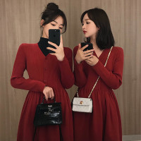 SUNTEK打底红色针织连衣裙女装早春内搭本命年中长款气质显瘦毛衣裙子冬毛衣