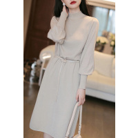 SUNTEK配大衣纯色气质内搭毛衣长裙秋冬新款收腰中长款打底针织连衣裙女毛衣